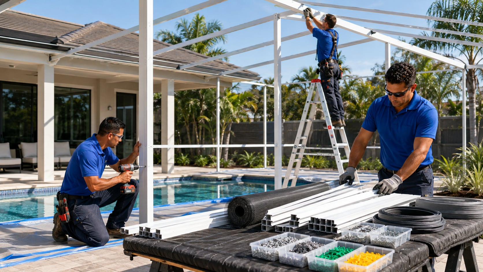 Material preparation pool screen enclosure installation Florida