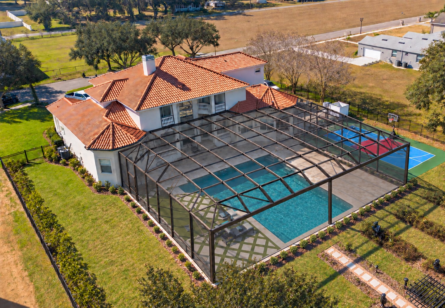 Aerial screen pool enclosure estate FL