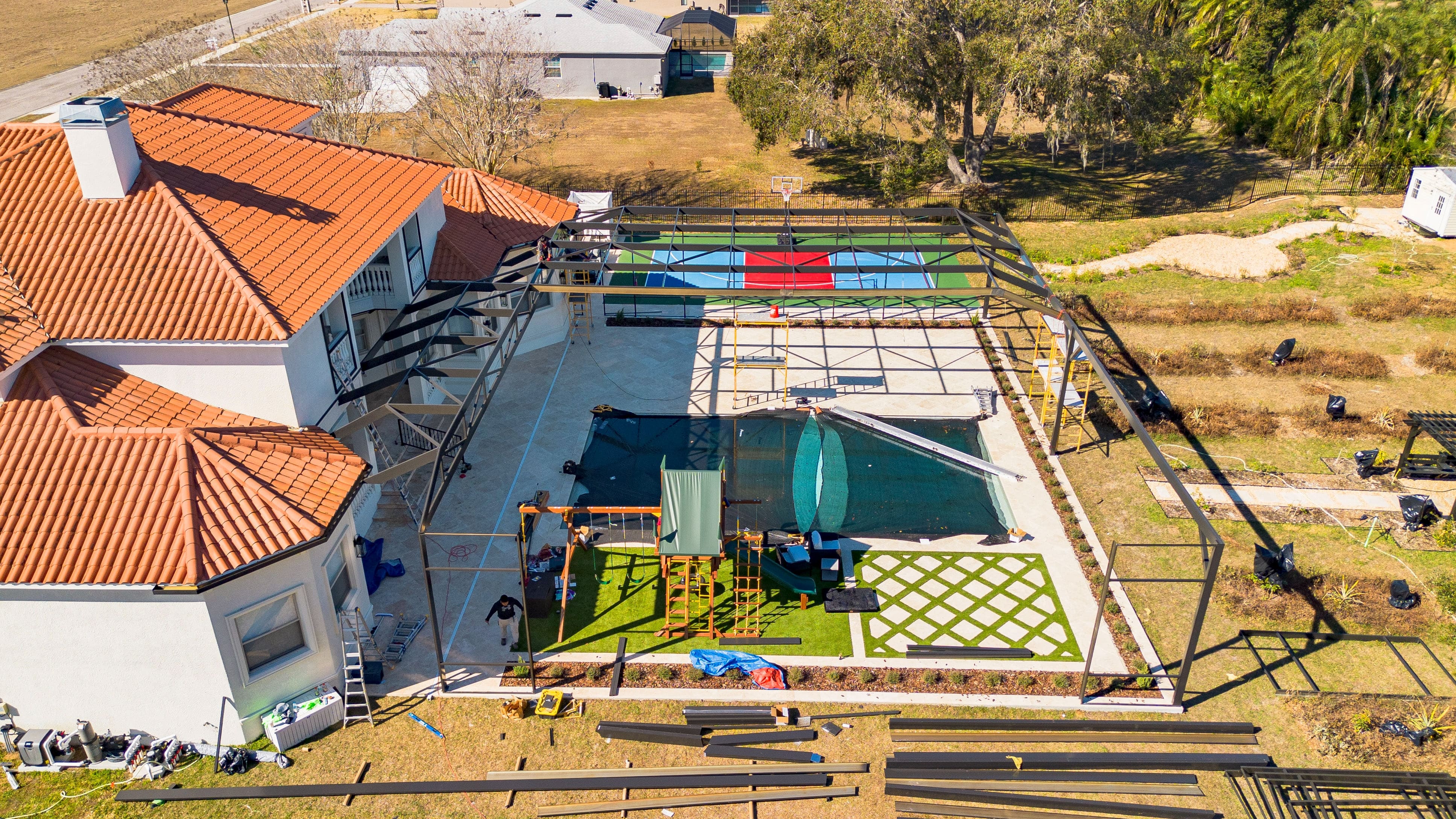 Pool deck layout marking aerial