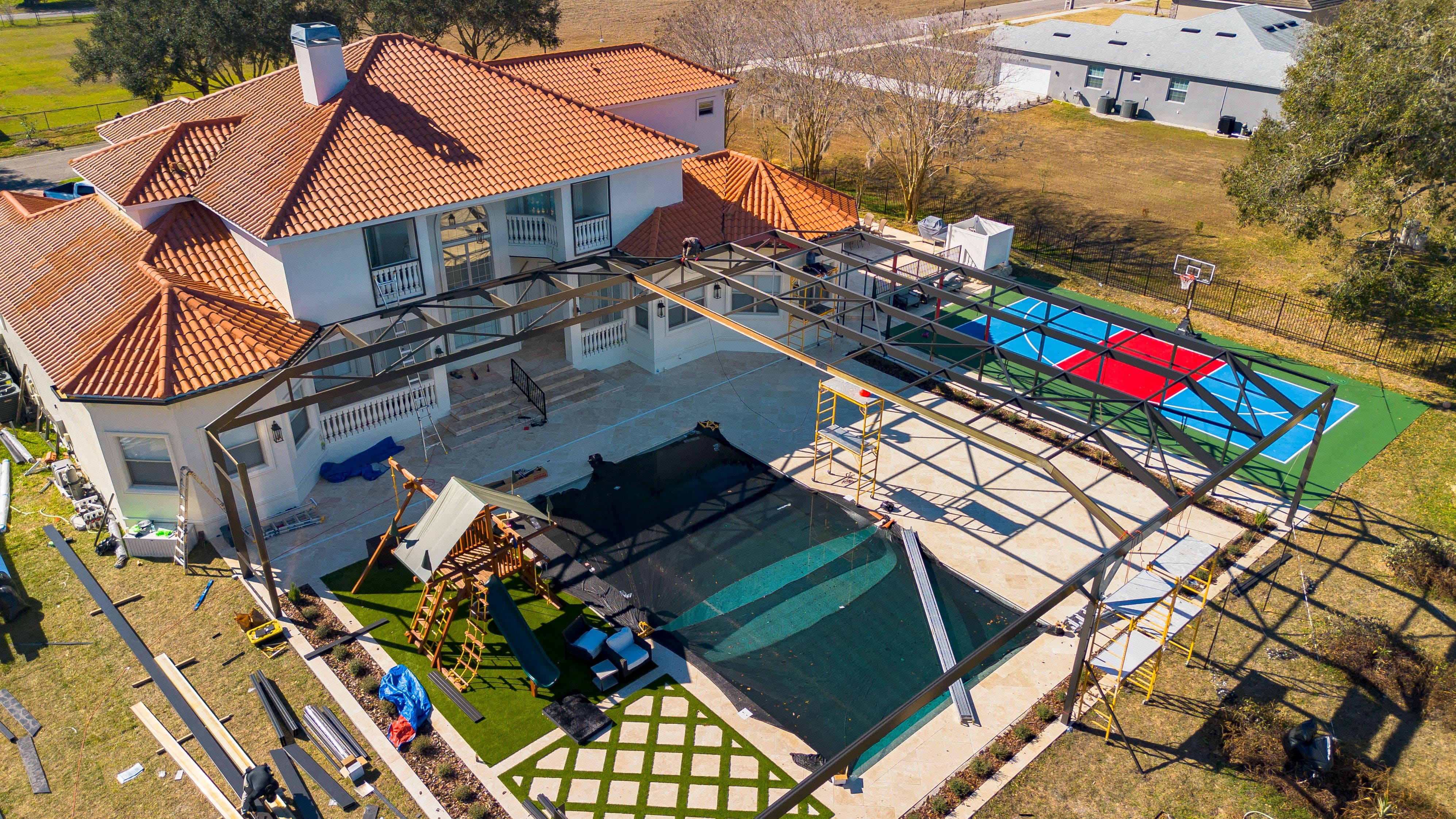 Mid construction roof framing aerial