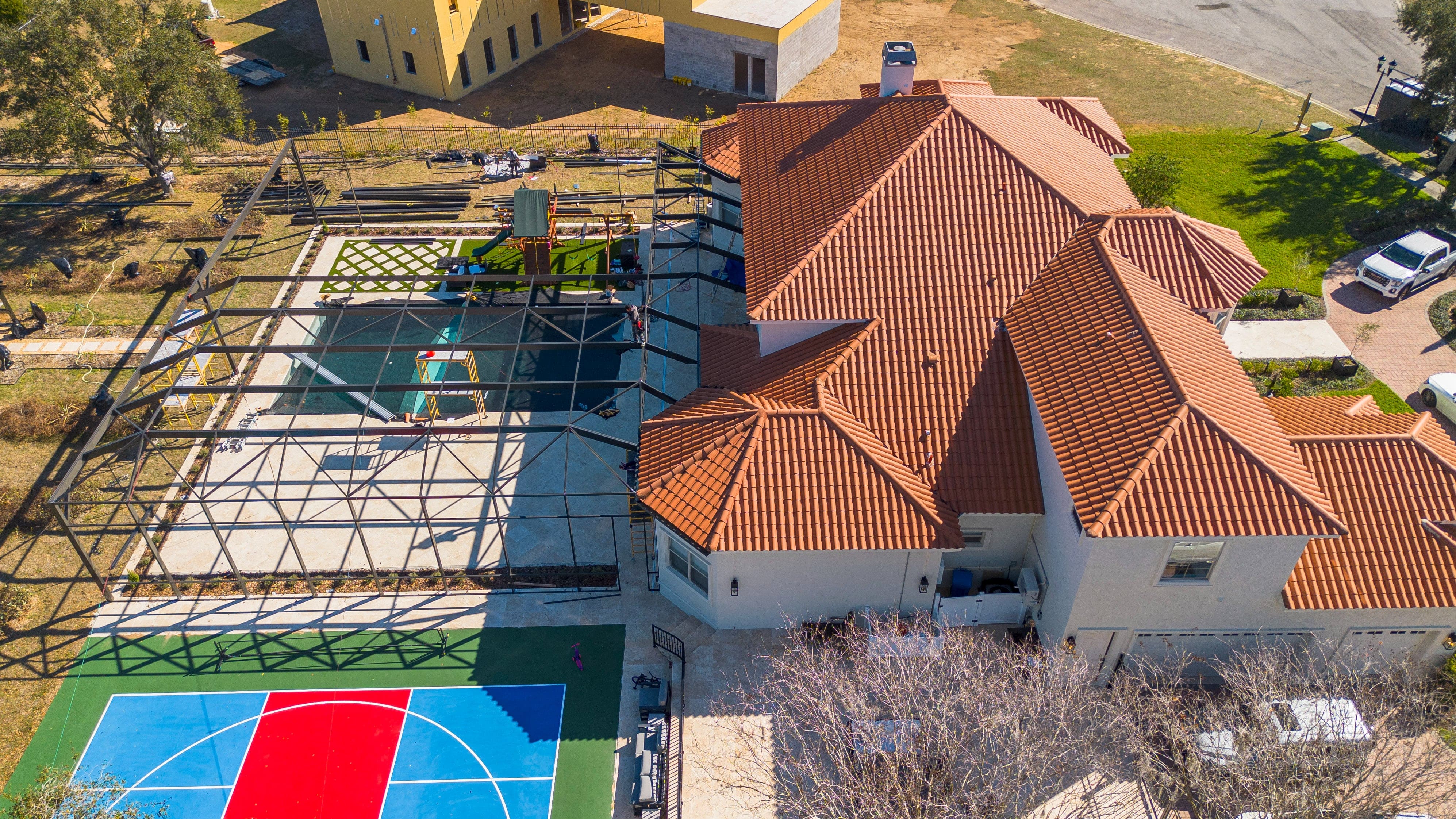 Roof frame paver install aerial