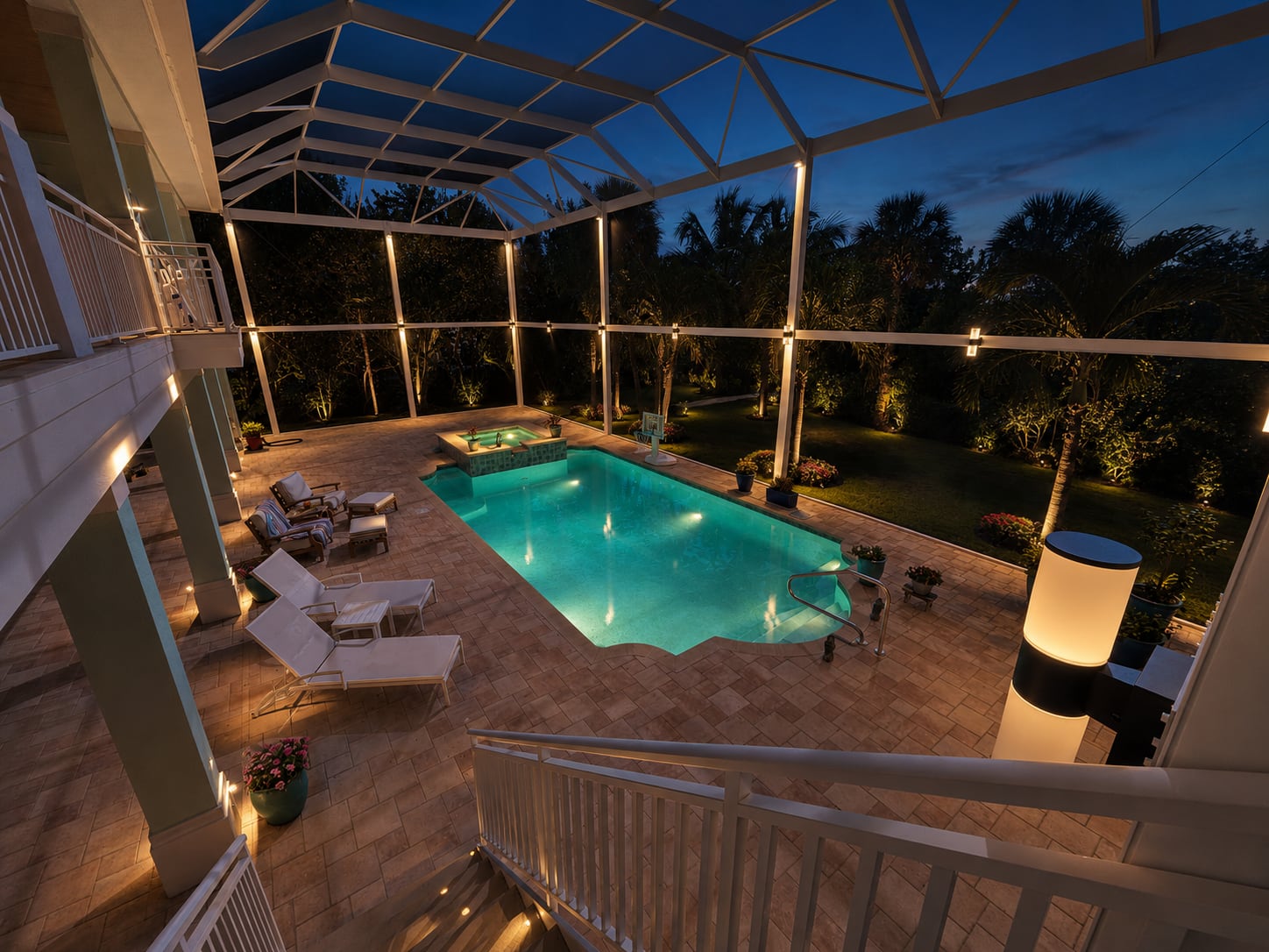 Pool enclosure with separate lighting around seating, steps, and landscaping