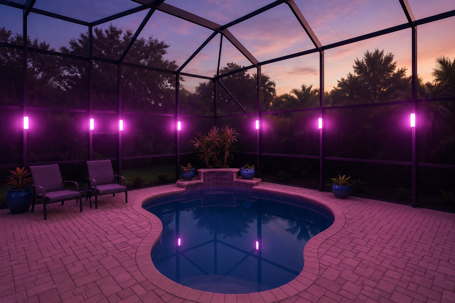 LED light mounted on an aluminum pool cage post