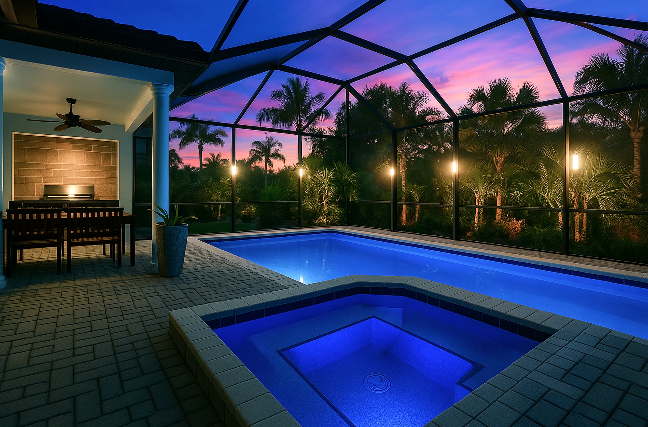Linear LED lighting installed along a pool enclosure beam