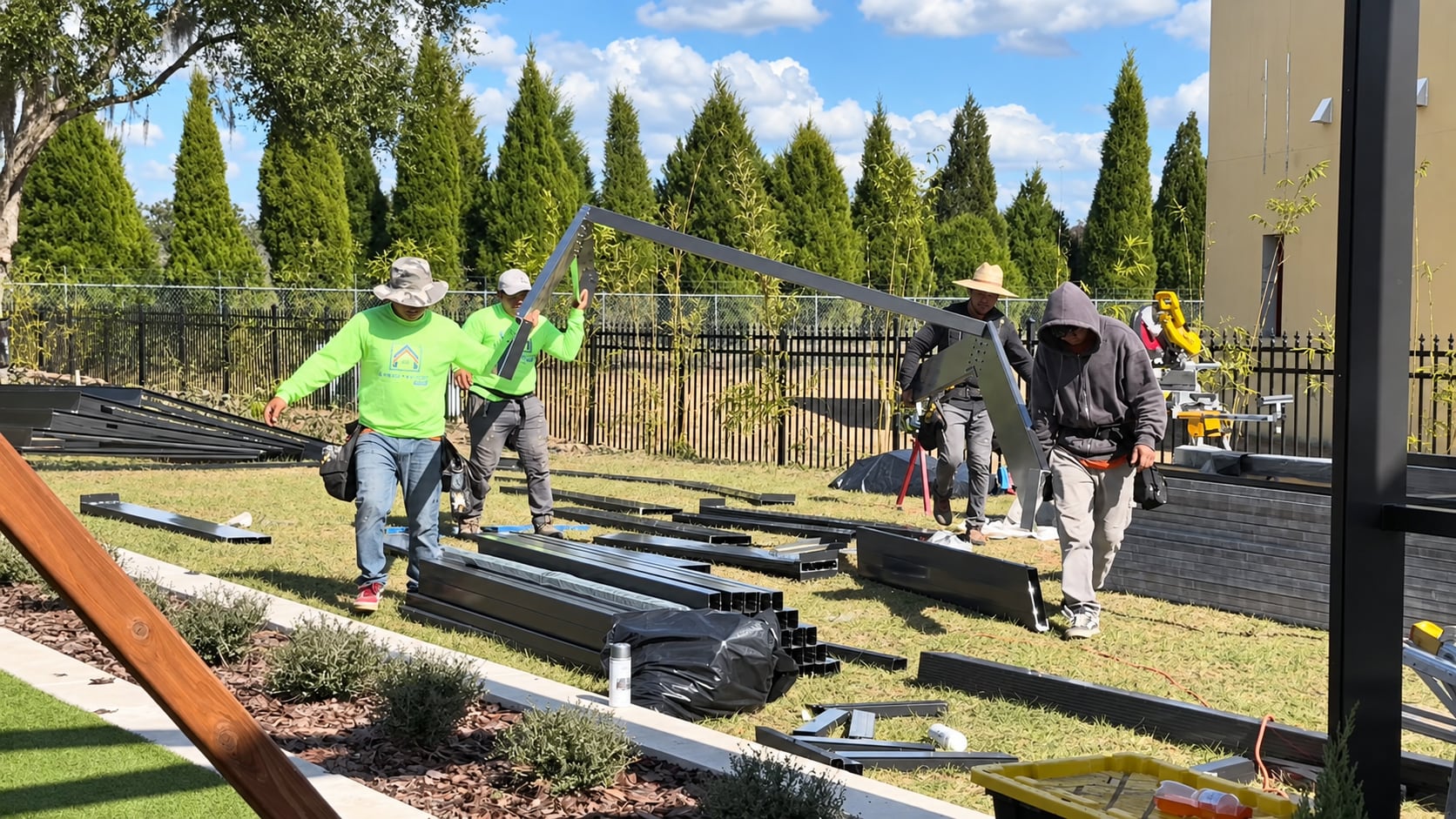 Crew carrying roof beam installation