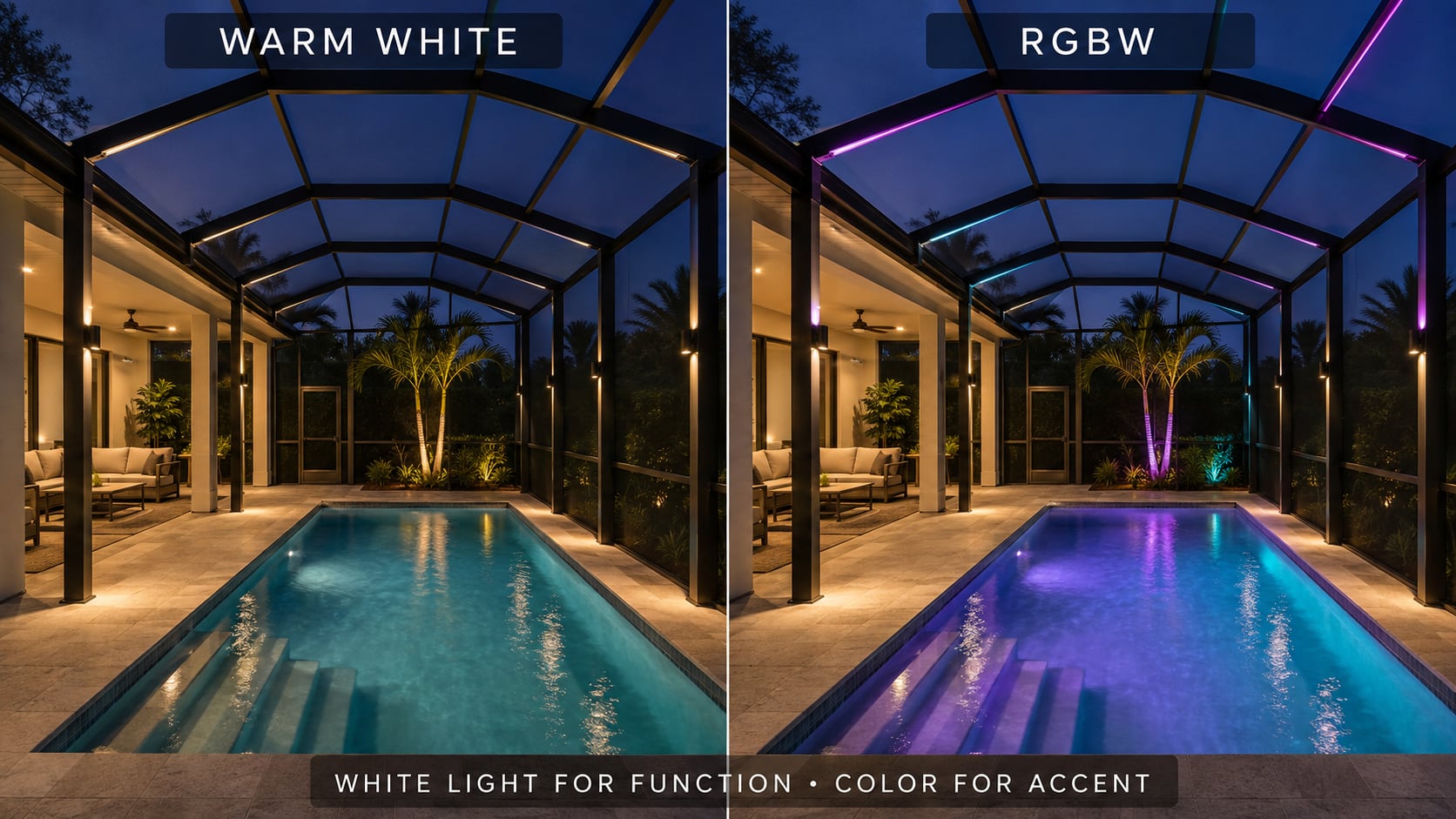 Same pool cage shown with warm-white and colored lighting