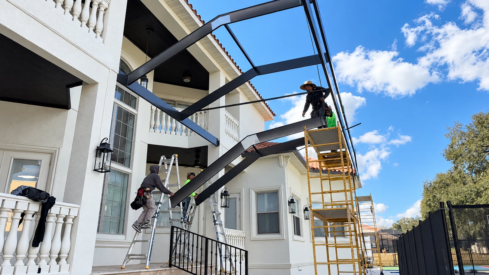 Curved roof frame installation house