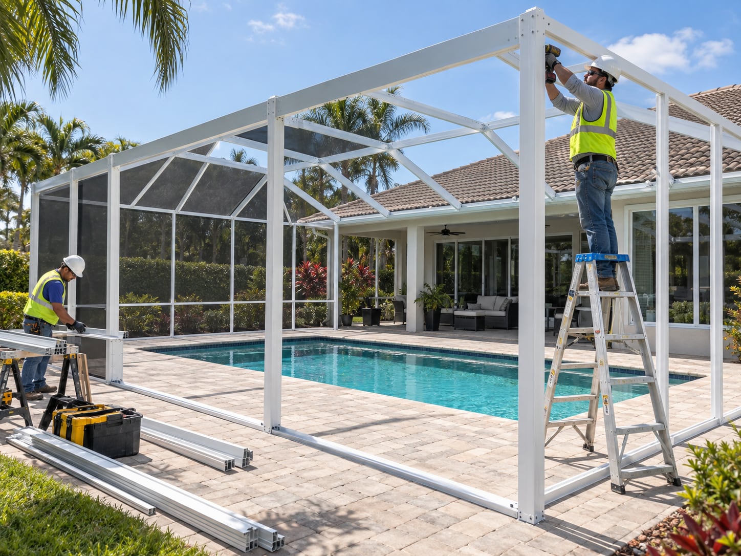 New aluminum pool cage frame being installed over a pool deck