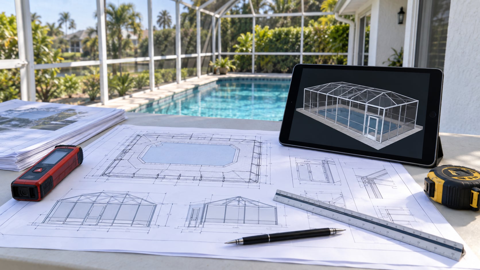 Engineering plans and site measurements for a Florida pool cage